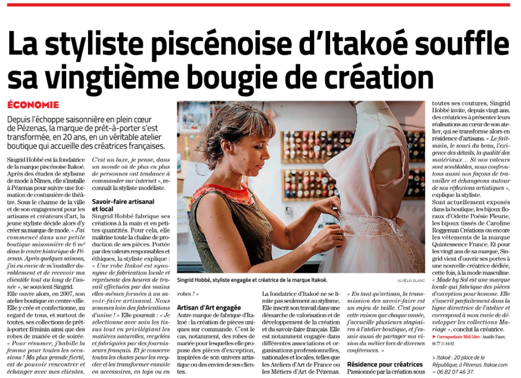 article Midi Libre Béziers sur les 20 ans de la marque Itakoé Pézenas Hérault
